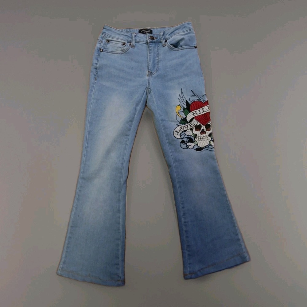 Women's Ed Hardy Jeans‎ size 26X24 Embroidered Wide Leg Love Kills Slow Flared